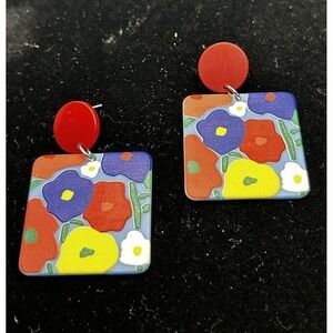 Lenora Dame Square‎ Dangling Earrings Multi Colored Acrylic
